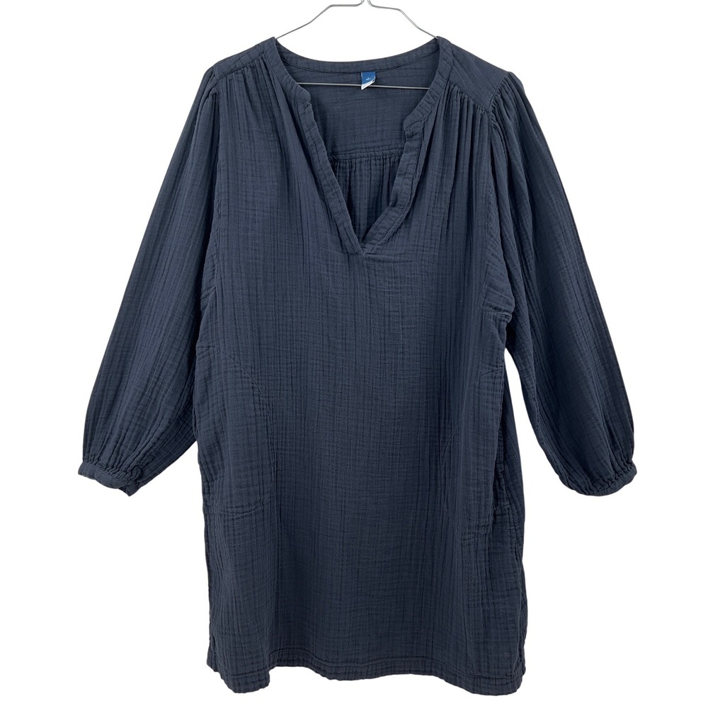 Old Navy Gauze Tunic Dress Kaftan Navy Blue Long Sleeve V Neck Size LT Tall‎